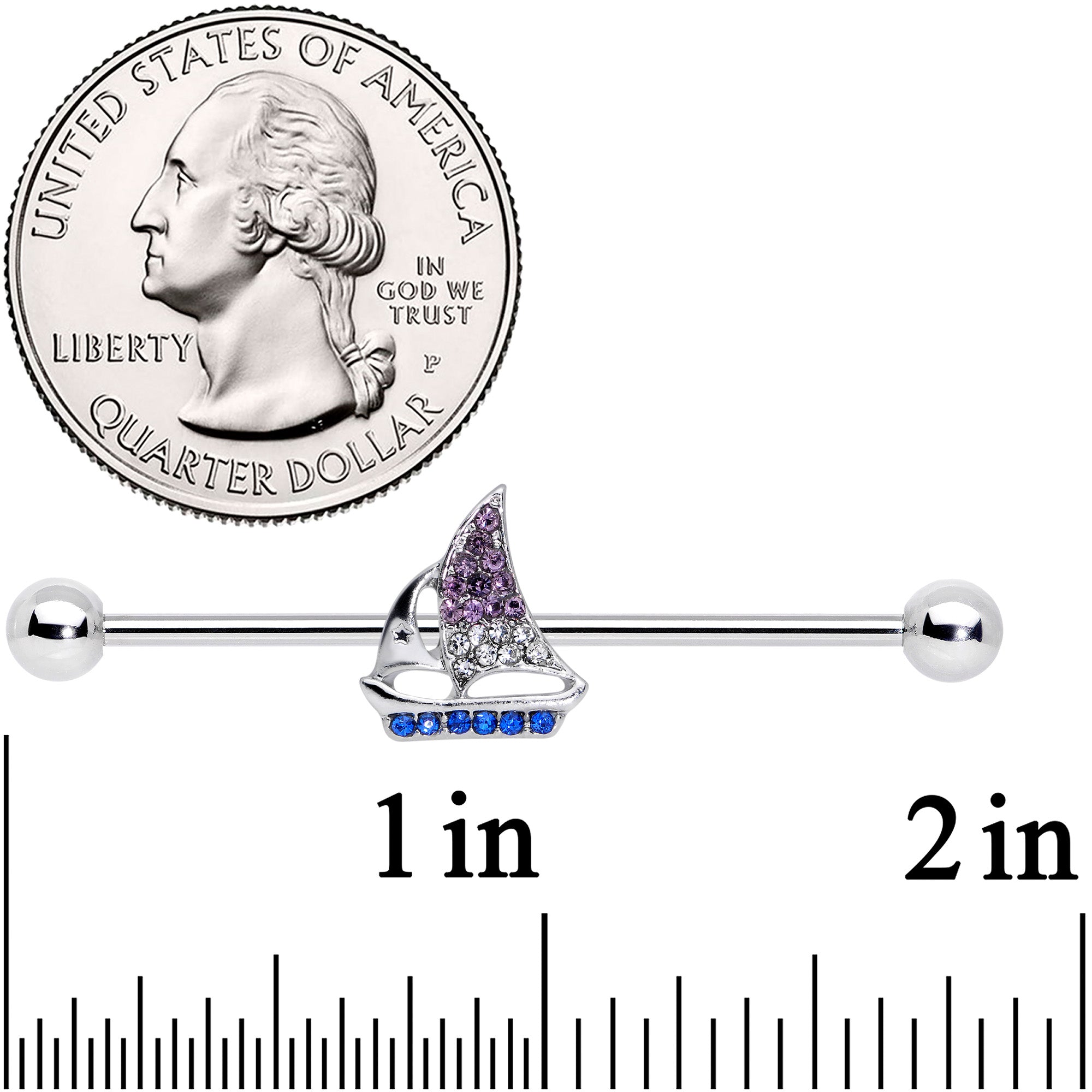 14G Blue Purple Clear Gem Sailboat Industrial Barbell 38mm