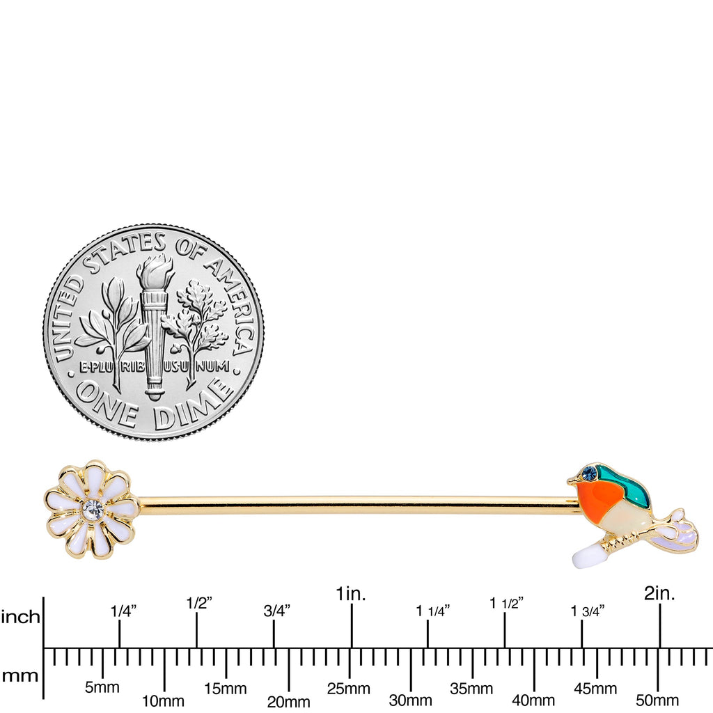 14G Green Gem Gold Tone Perch Bird Industrial Barbell 38mm