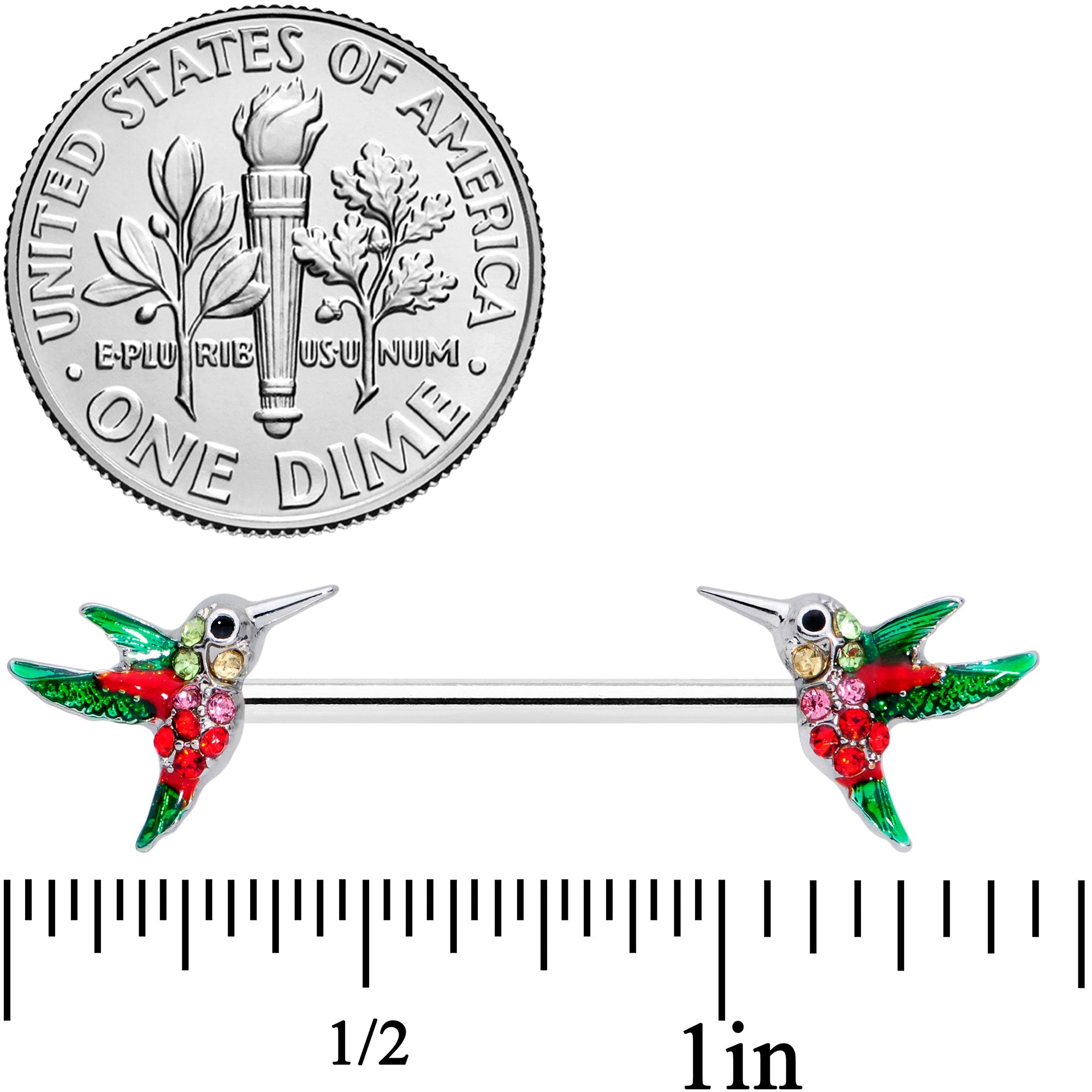 14G 9/16 Red Pink Gem Green Hummingbird Barbell Nipple Ring Set