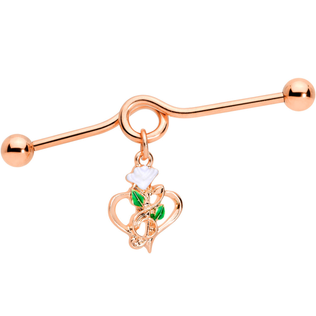 14G Rose Gold Tone Heart Flower Music Dangle Project Bar 38mm