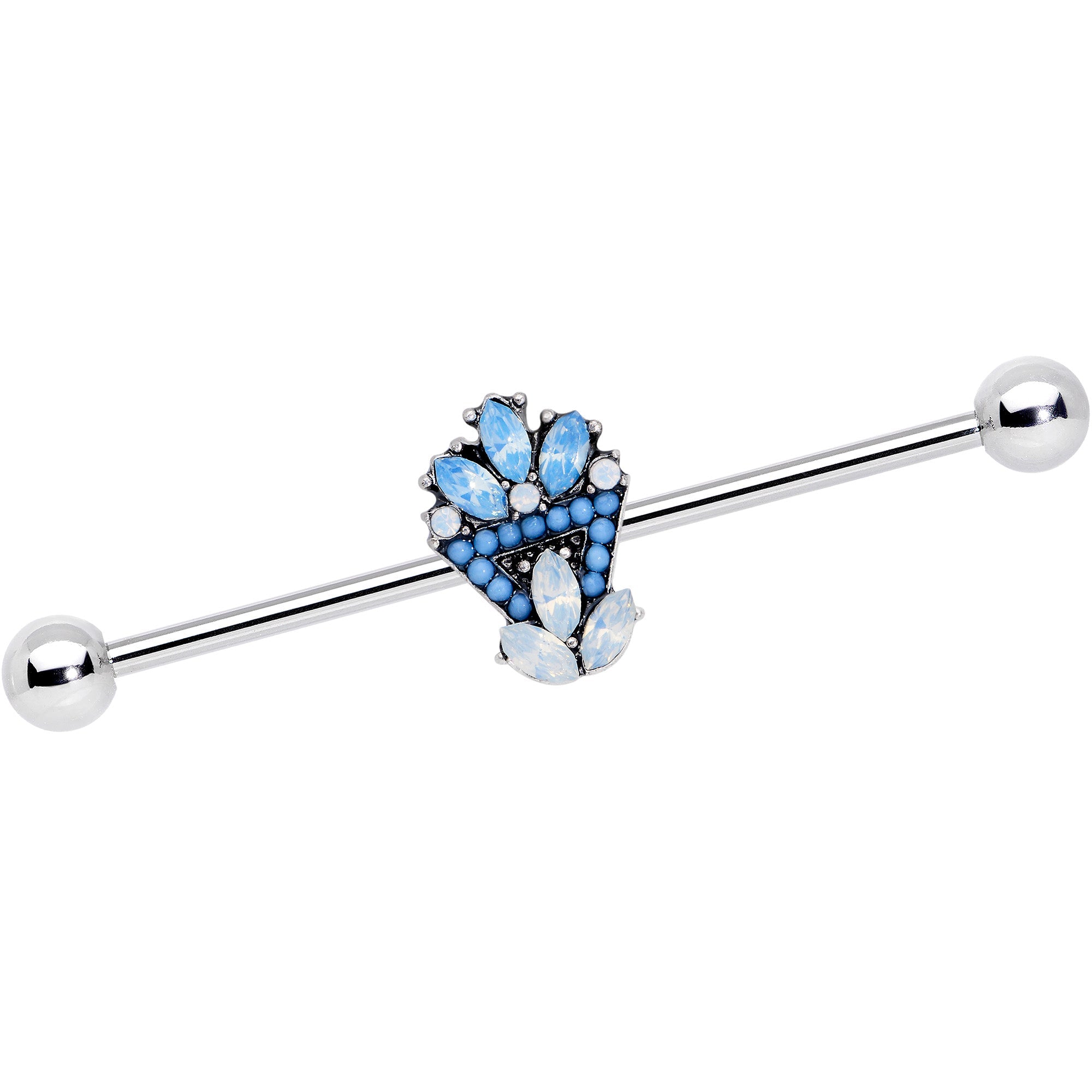 14G Blue White Faux Opal Ornate Industrial Barbell 38mm