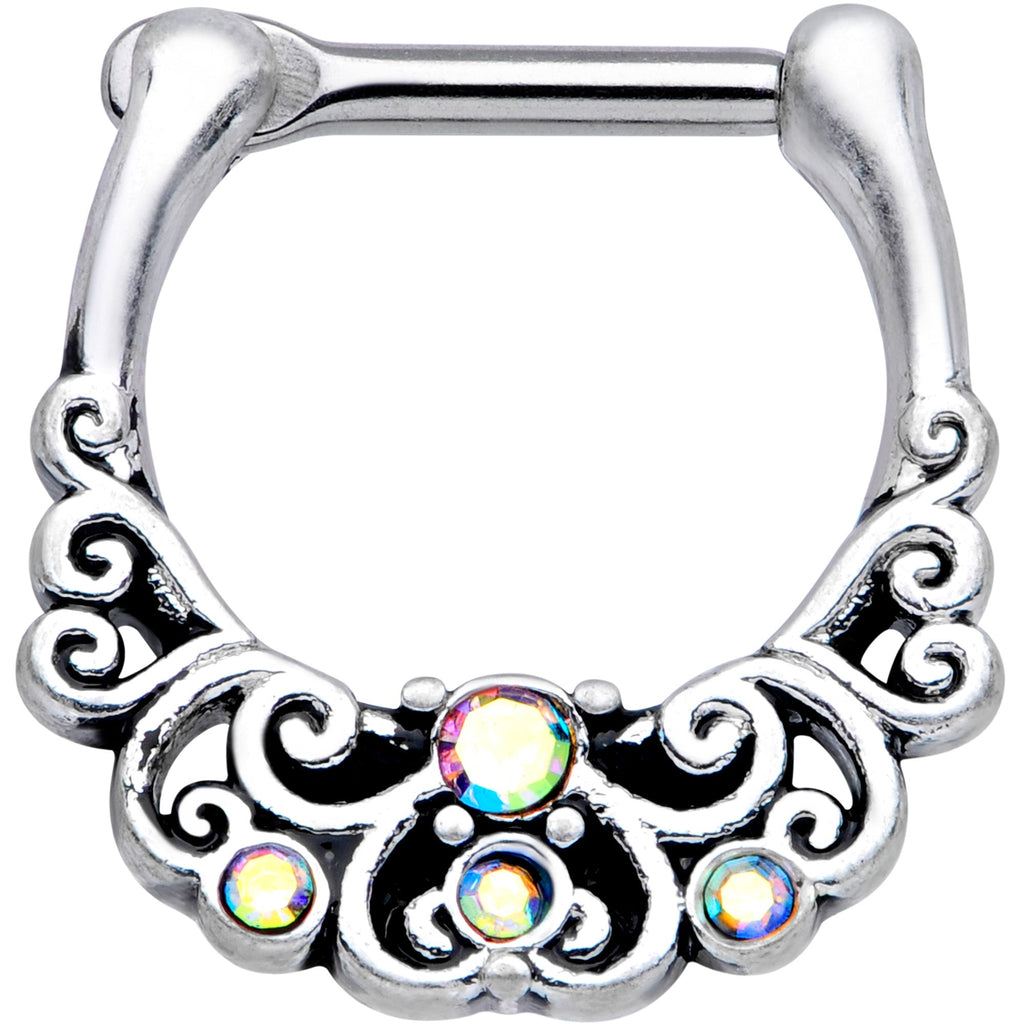 16G 3/8 Aurora Gem Scrolling Hearts Cartilage Clicker
