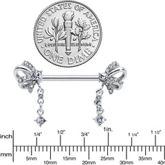 14G 9/16 Clear Gem Looping Bow Dangle Barbell Nipple Ring Set