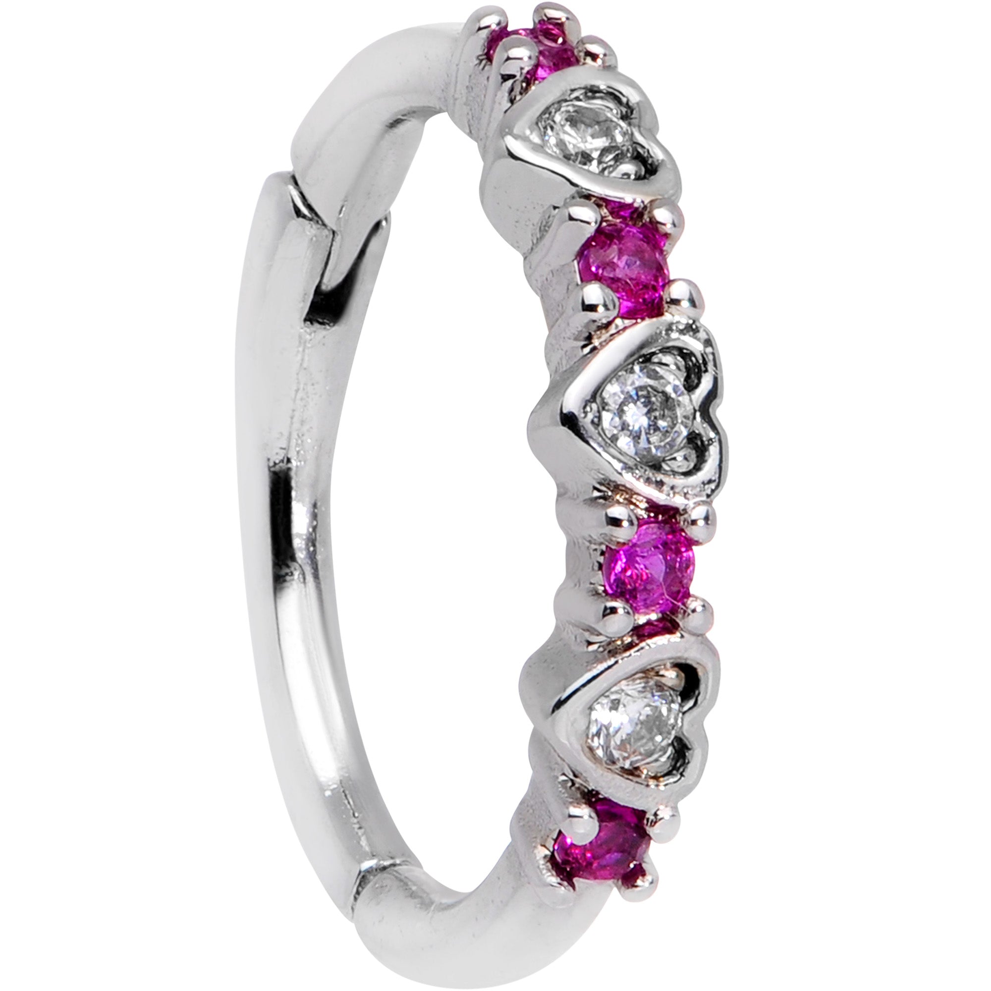 16G 3/8 Clear Pink CZ Gem Hearts Hinged Segment Ring