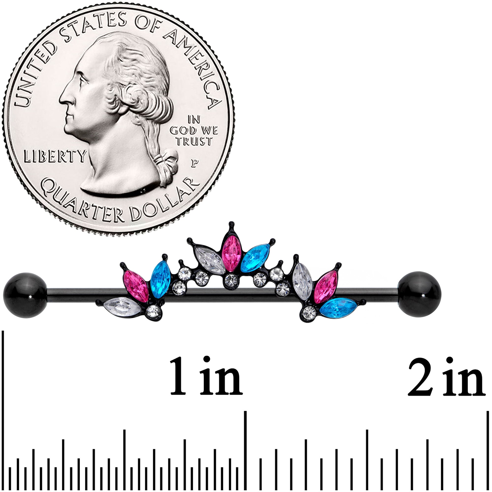 14G Clear Aqua Pink Accent Black Clusters Industrial Barbell 38mm