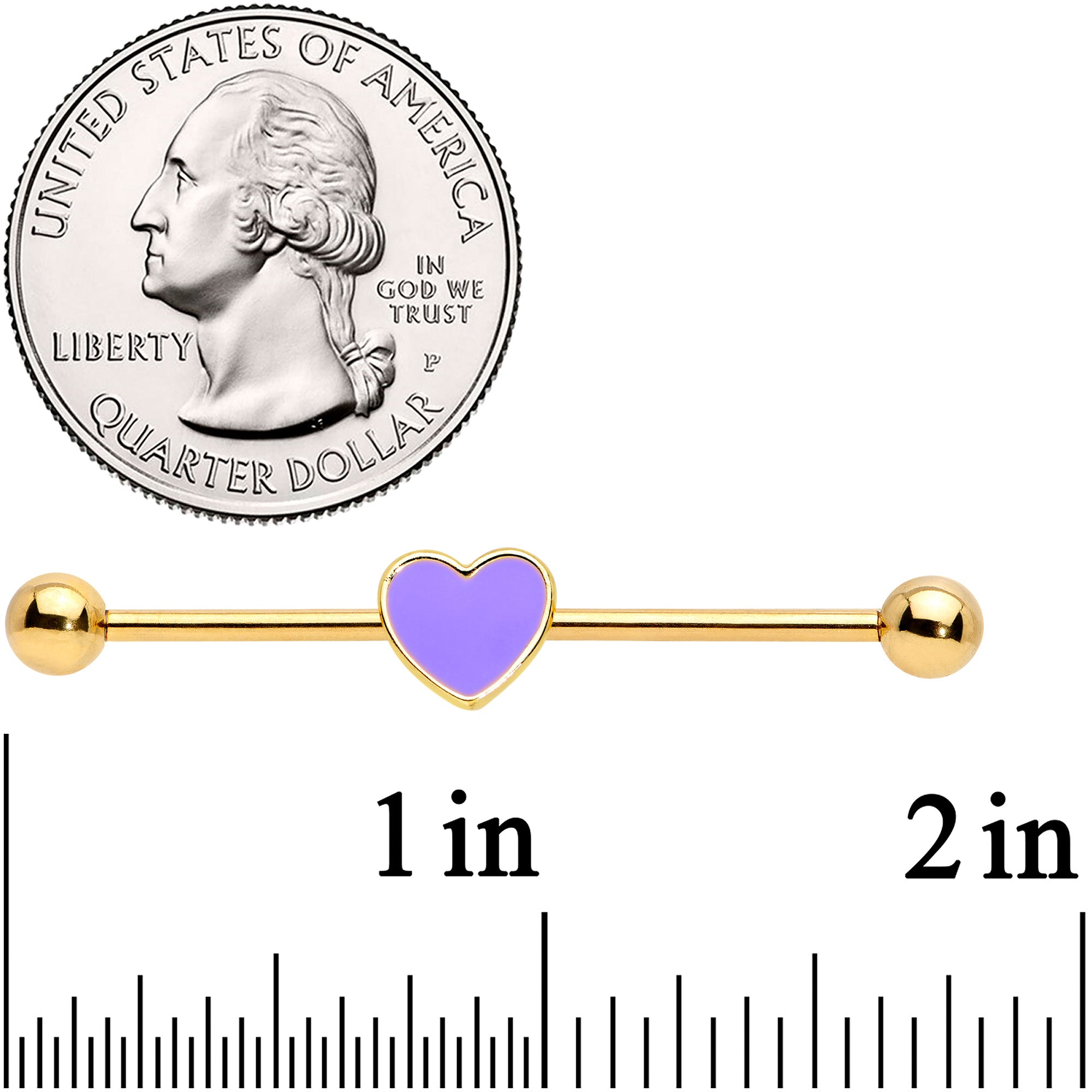 14G Gold Tone Purple Heart Industrial Barbell 38mm