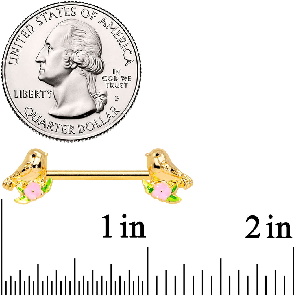 14G 9/16 Gold Tone Bird Pink Flower Barbell Nipple Ring Set