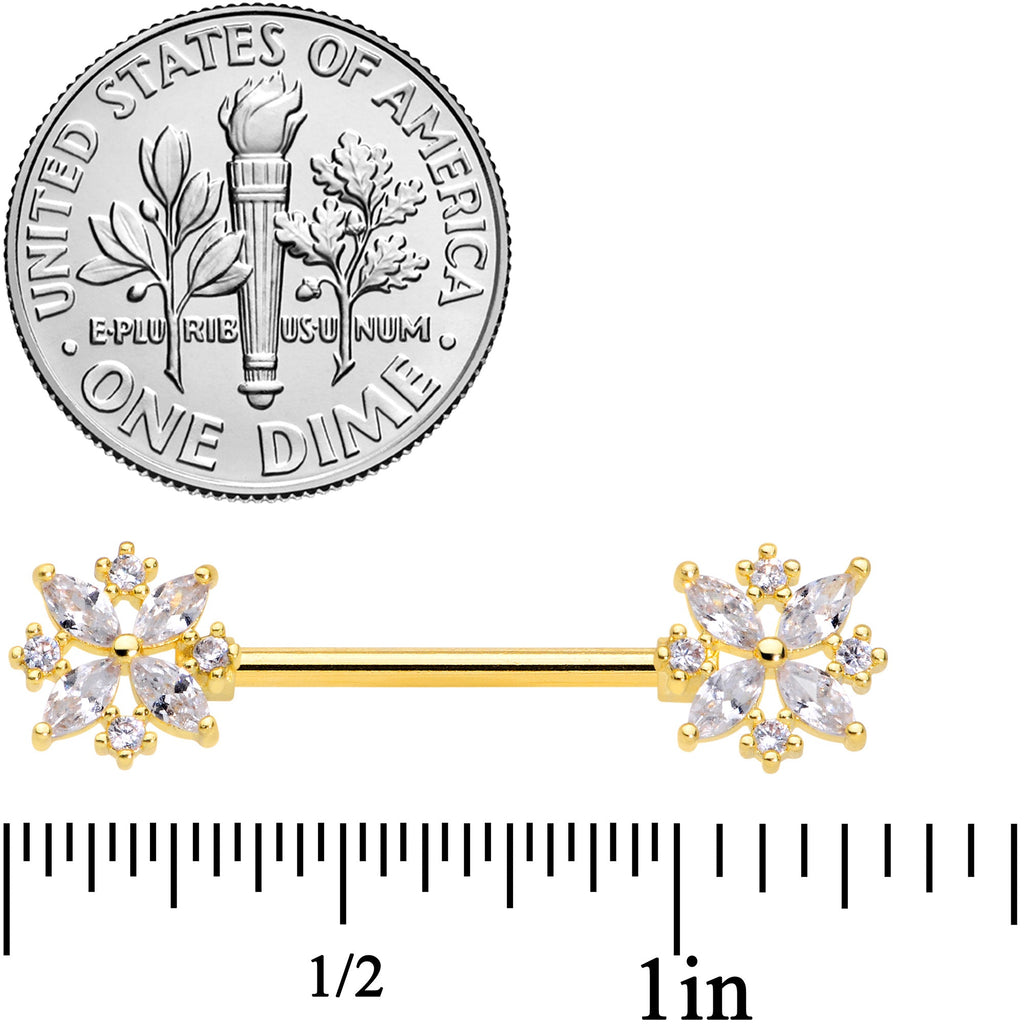 14G 5/8 Clear CZ Gem Gold Tone Star Burst Nipple Ring Set