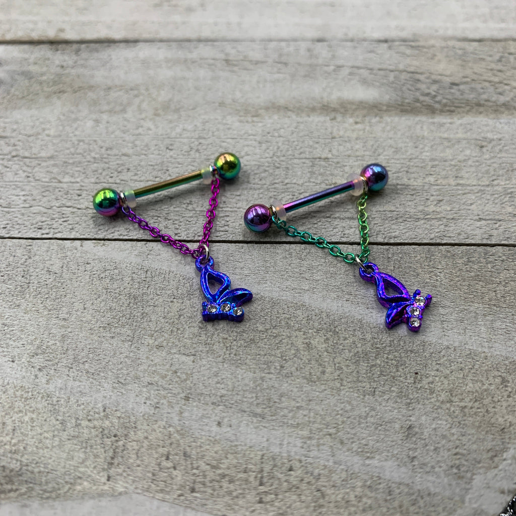 14G 5/8 Clear Gem Rainbow Butterfly Dangle Nipple Ring Set