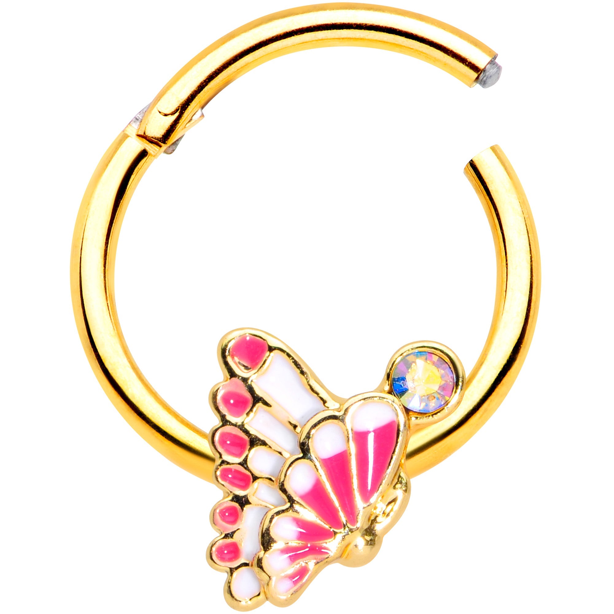 16G 3/8 Aurora Gem Gold Tone Butterfly Hinged Segment Ring