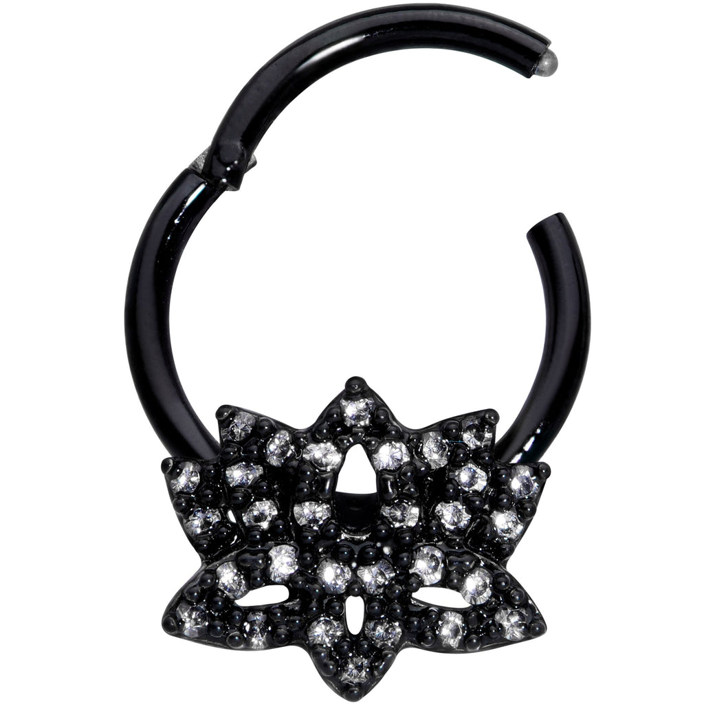 16G 3/8 Clear CZ Gem Black Lotus Flower Hinged Segment Ring