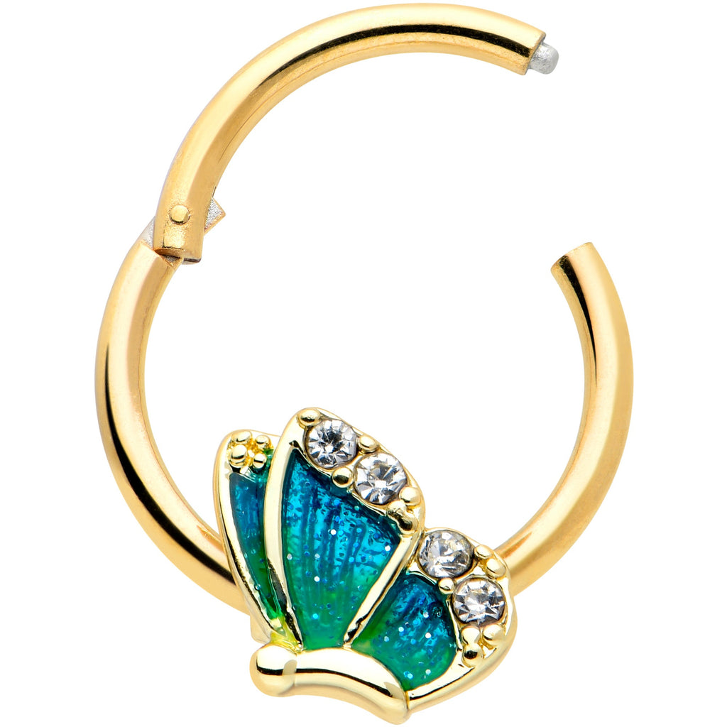 16G 3/8 Clear Gem Gold Tone Blues Butterfly Hinged Segment Ring