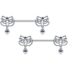 14G 5/8 Clear Gem Lotus Heart Dangle Barbell Nipple Ring Set
