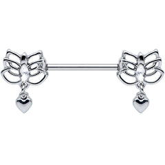14G 5/8 Clear Gem Lotus Heart Dangle Barbell Nipple Ring Set