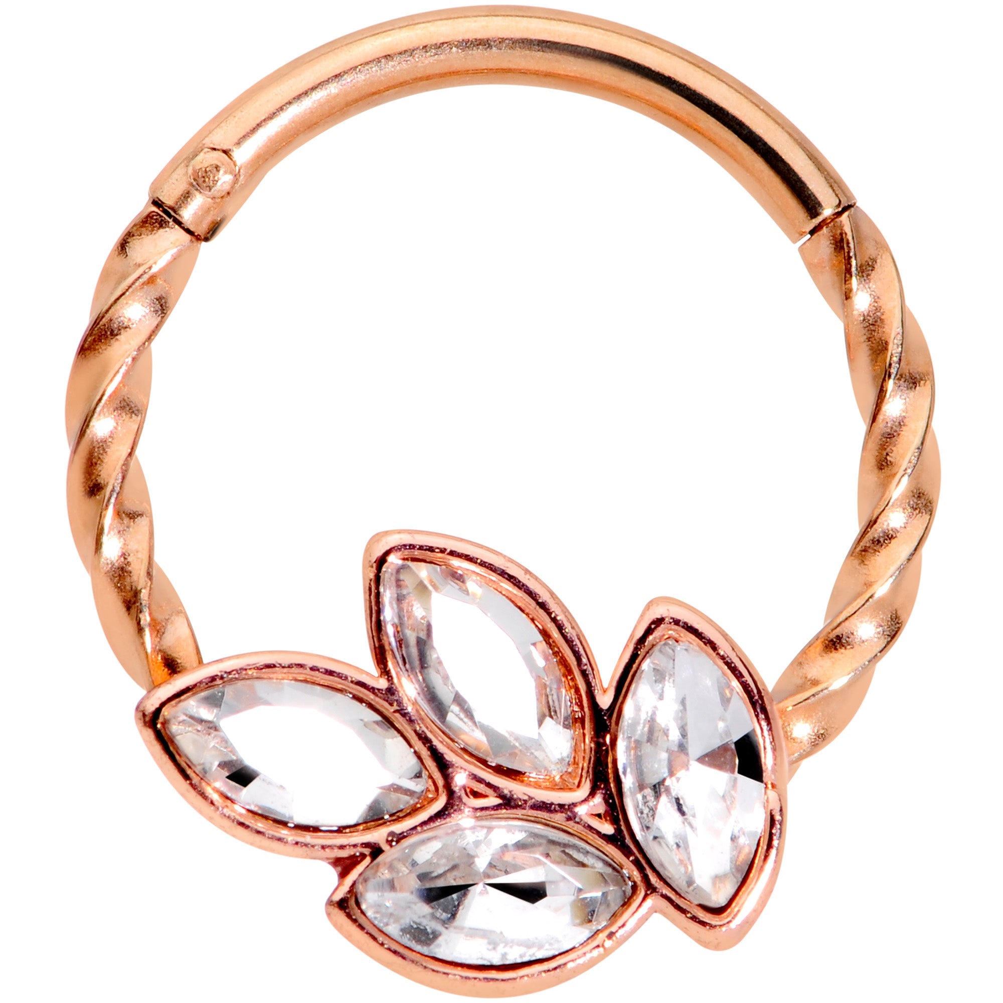 16G 3/8 Clear Gem Rose Gold Tone Oval Twisted Cartilage Clicker