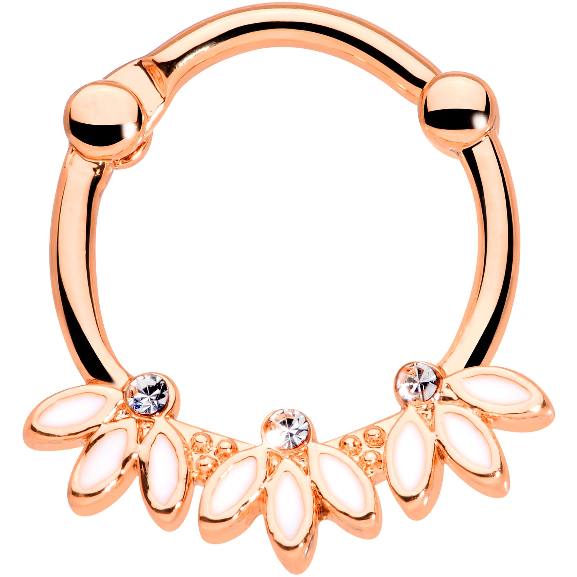16G 3/8 Clear Gem Rose Gold Tone White Leaves Cartilage Clicker