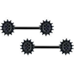 14G 5/8 Black Gem Black Oval Sunburst Barbell Nipple Ring Set