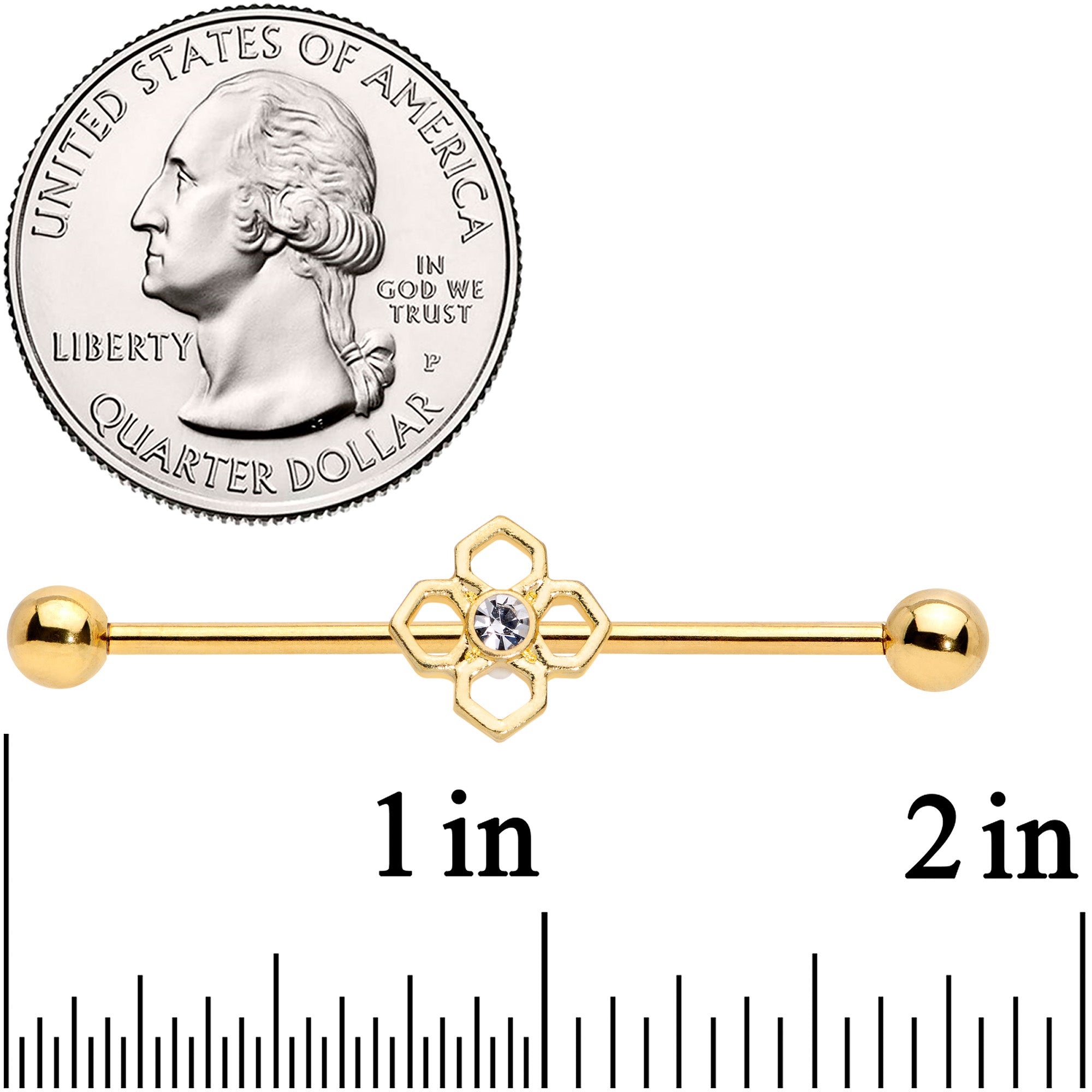 14G Clear Gem Gold Tone Open Cross Industrial Barbell 38mm