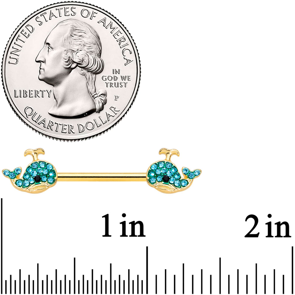 14G 9/16 Aqua Gem Gold Tone Blue Whale Nipple Ring Set