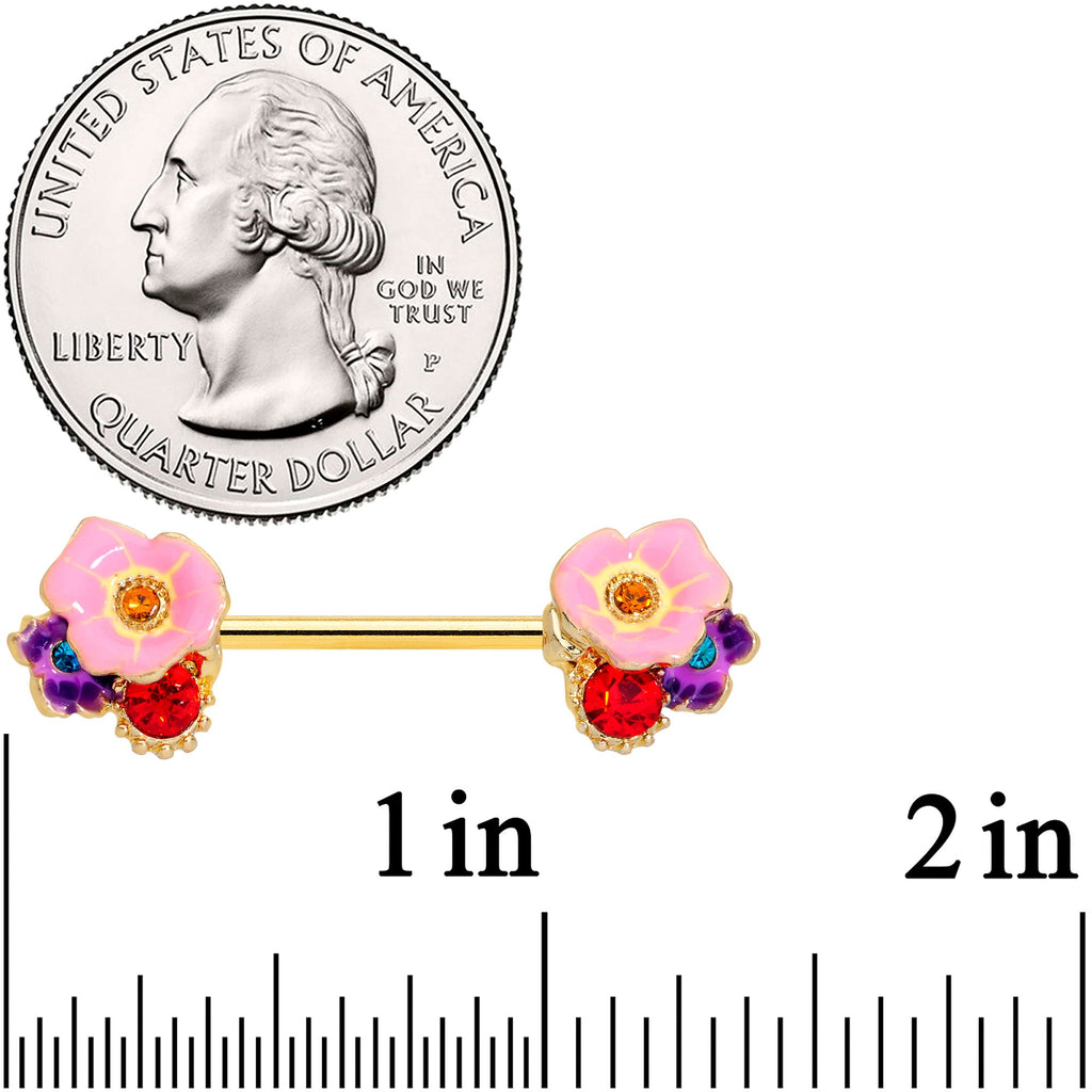 14G 9/16 Red Pink Gem Gold Tone Multi Flower Nipple Ring Set