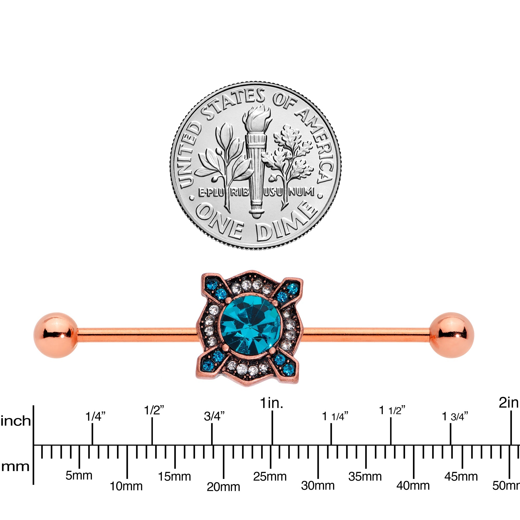 14G Aqua Gem Rose Gold Tone Renaissance Industrial Barbell 38mm