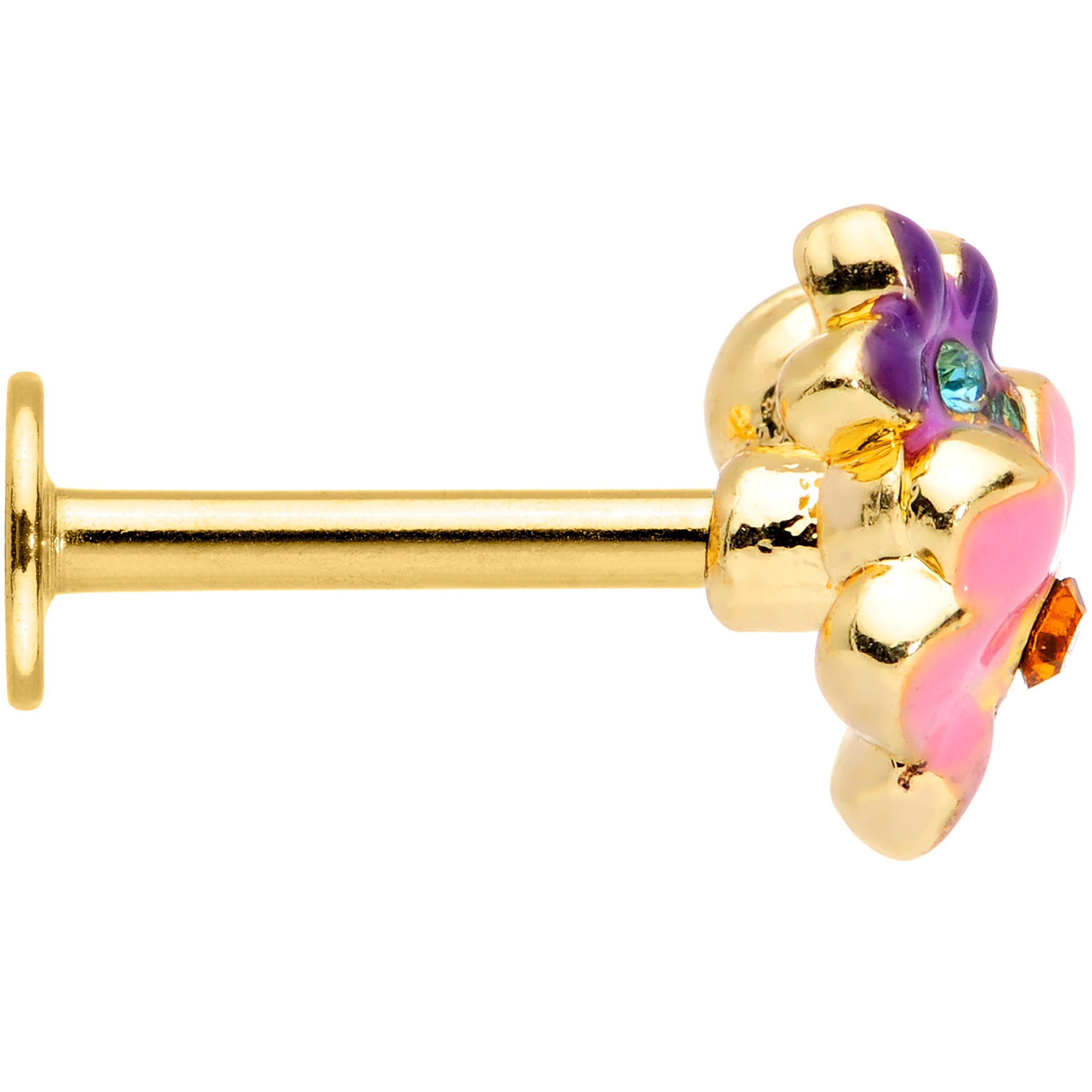 16G 5/16 Red Blue Gem Gold Tone Multi Flower Labret Monroe Tragus