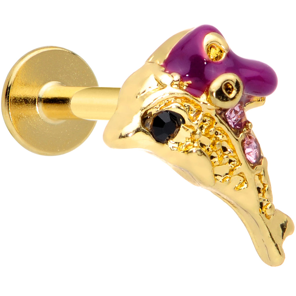 16G 5/16 Purple Gem Gold Tone Dainty Dolphin Labret Monroe Tragus