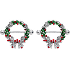 14G 11/16 Red Green Gem Christmas Wreath Nipple Shield Set