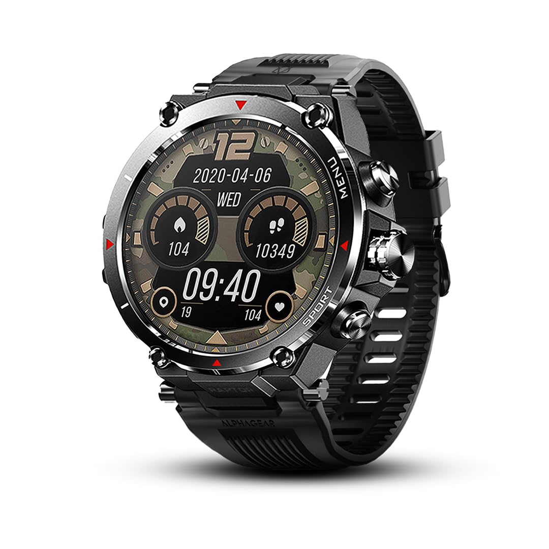 ALPHAGEAR Raptor Smartwatch for Android iPhone Wellness Tracker with 1.45" Large Display +14 Day Battery Life 5 ATM Water-Resistant (2xScreen Protector Included)