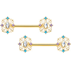 14G 9/16 White Synth Opal Gold Tone Web Barbell Nipple Ring Set