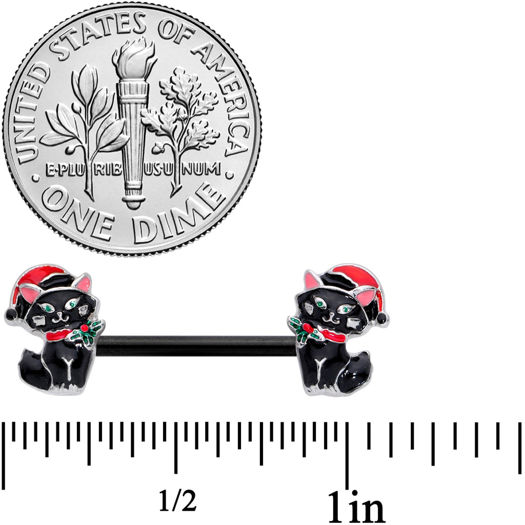 14G 9/16 Black Santa Claus Cat Christmas Barbell Nipple Ring Set