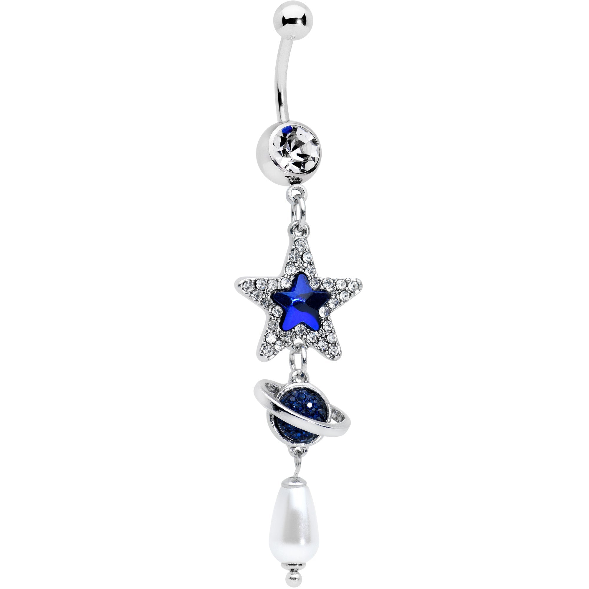 Clear Blue Gem Star Saturn Pearlescent Dangle Belly Ring