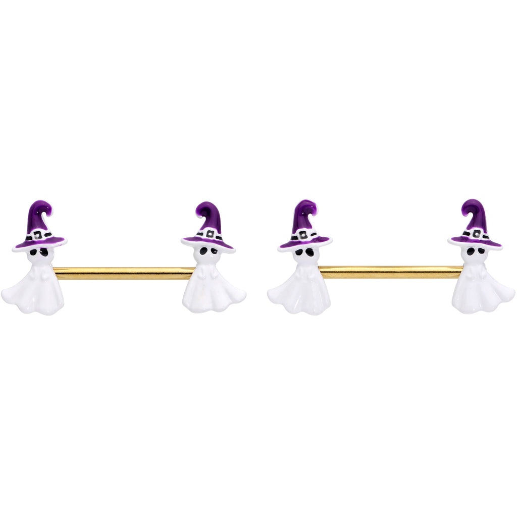 14G 9/16 Gold Tone Ghost Witch Halloween Barbell Nipple Ring Set