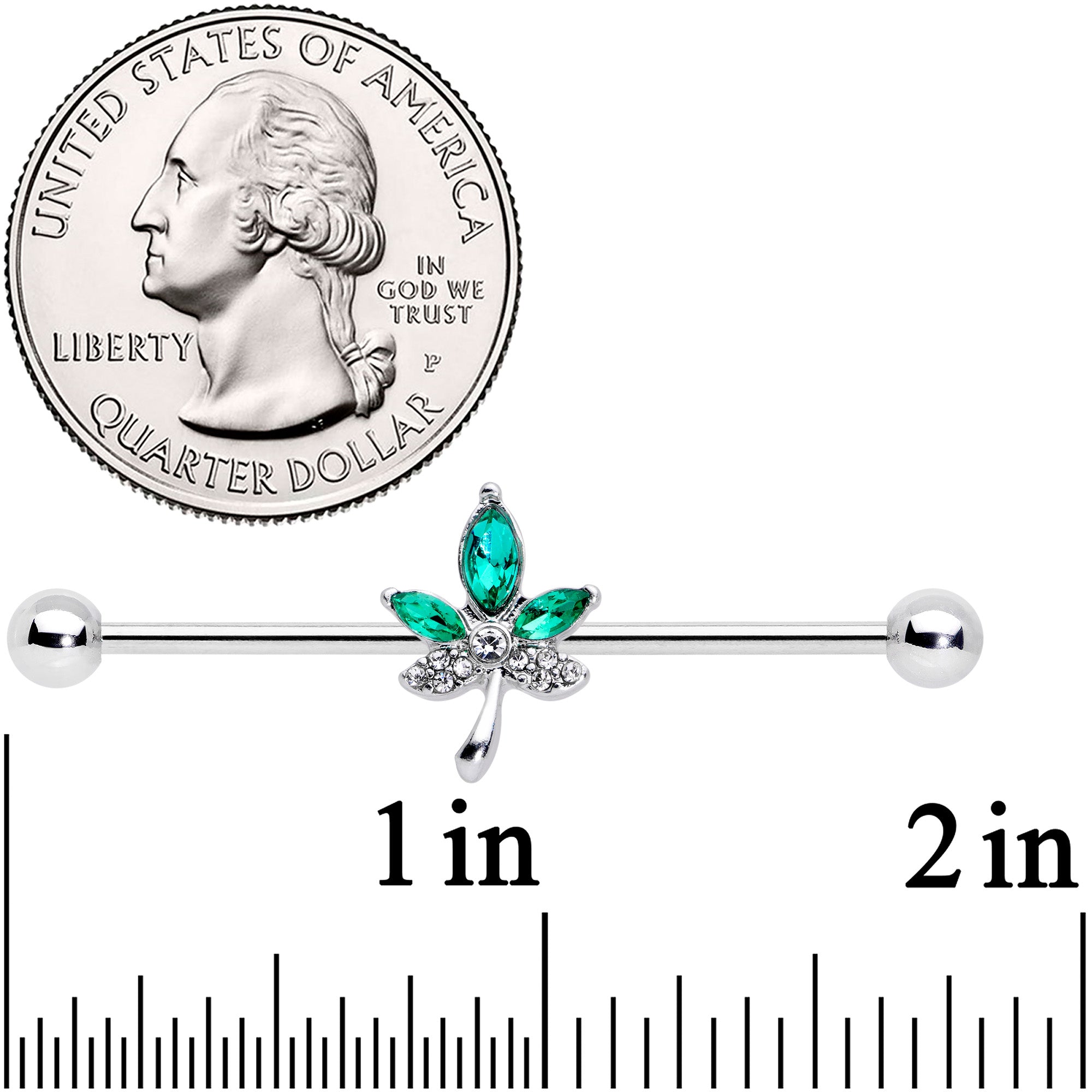 14G Clear Green Gem Pot Leaf Industrial Barbell 38mm