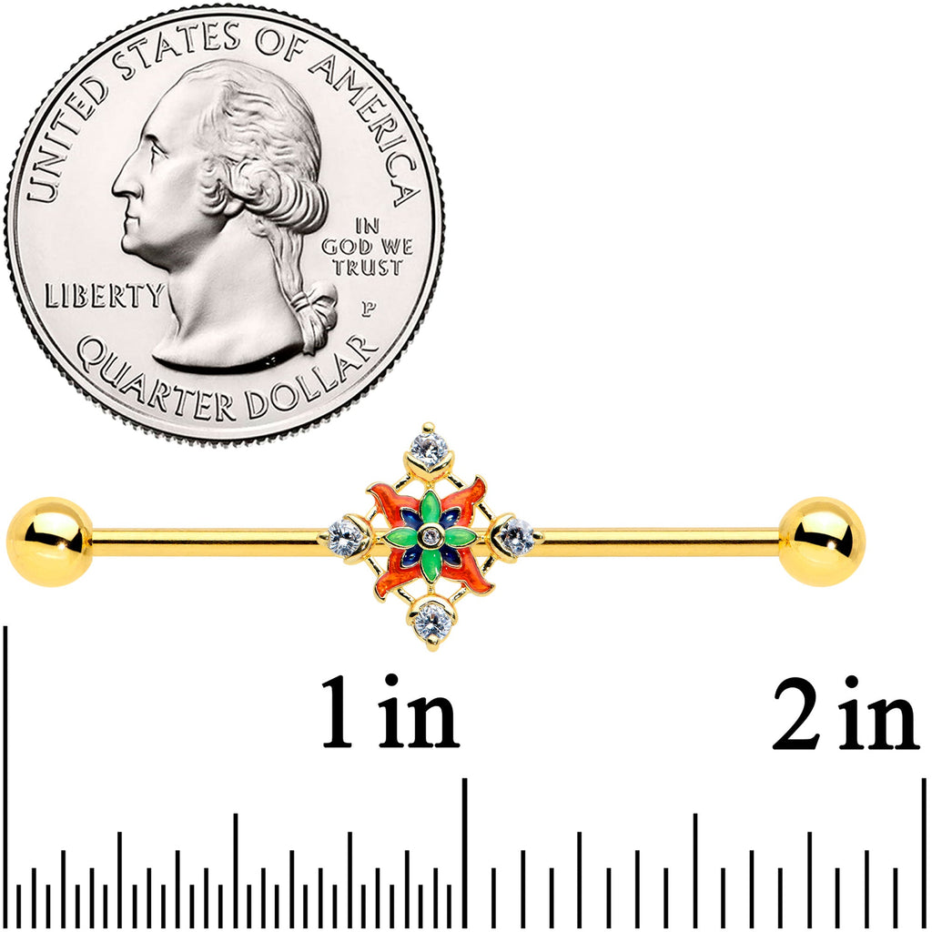 14G Clear CZ Gem Gold Tone Color Crest Industrial Barbell 38mm