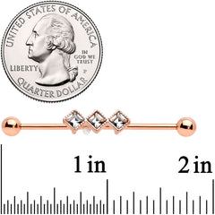 14G Clear Gem Rose Gold Hue Triple Rhombus Industrial Barbell 38mm
