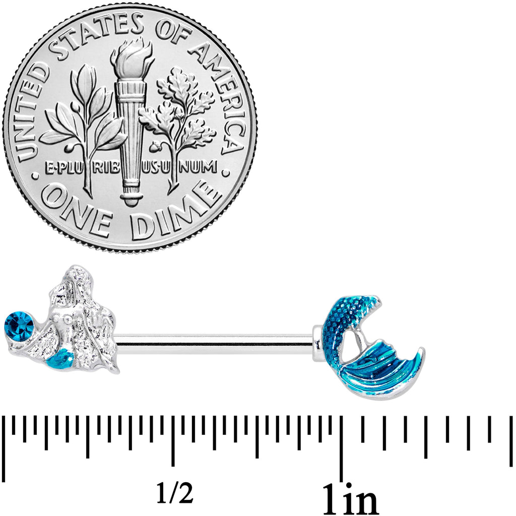 14G 9/16 Aqua Gem Gazing Mermaids Barbell Nipple Ring Set