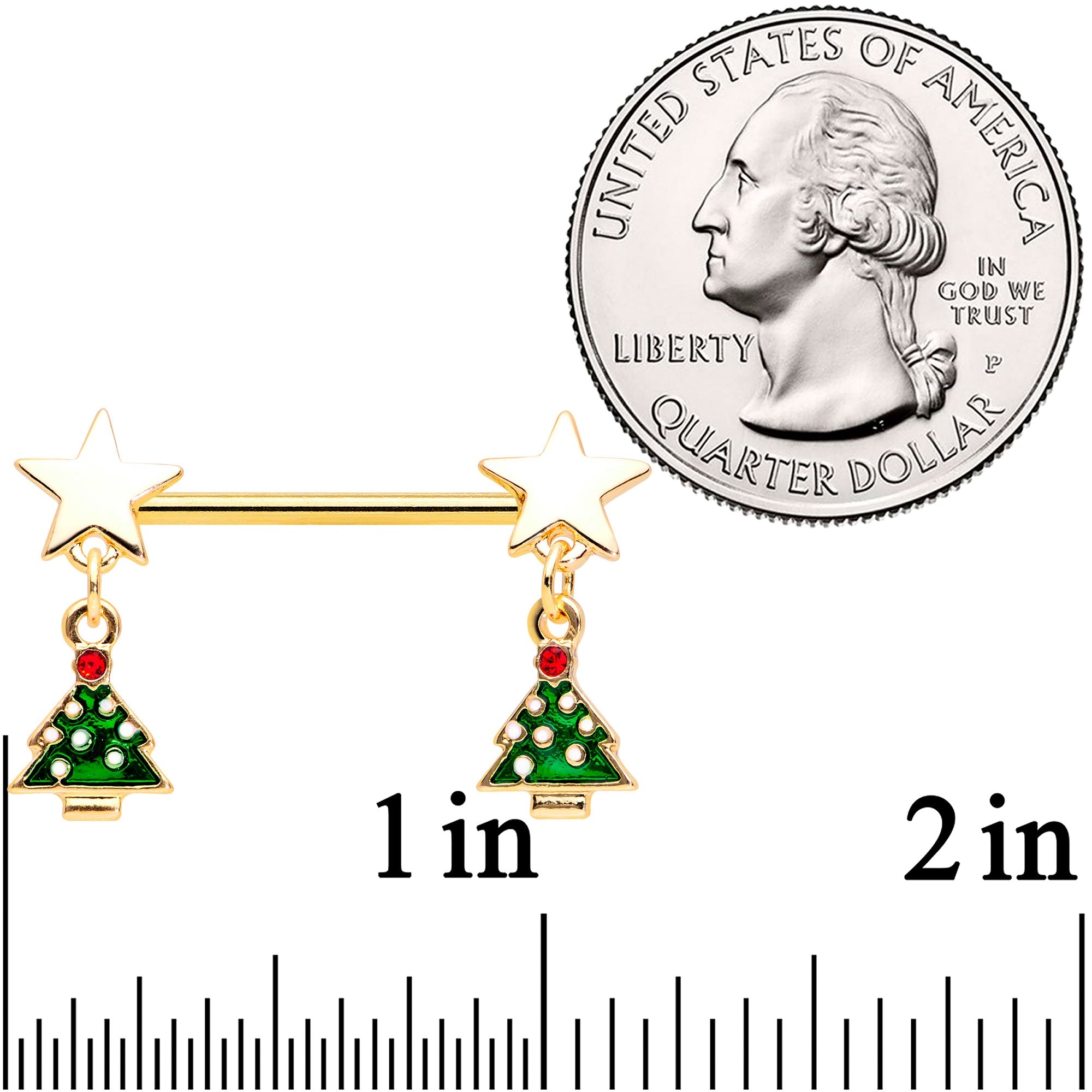 14G 9/16 Red Gem Gold Tone Star Christmas Tree Nipple Ring Set