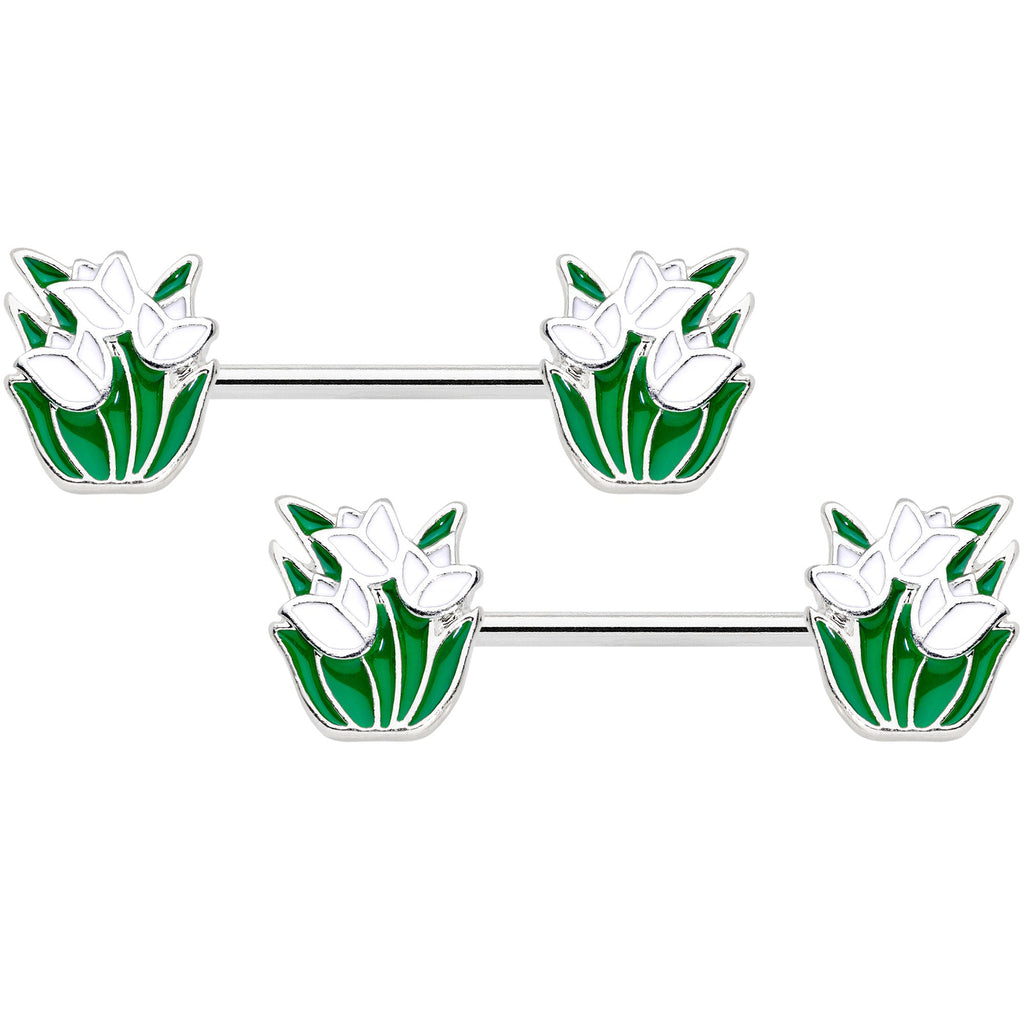 14G 9/16 White Spring Tulip Flowers Barbell Nipple Ring Set