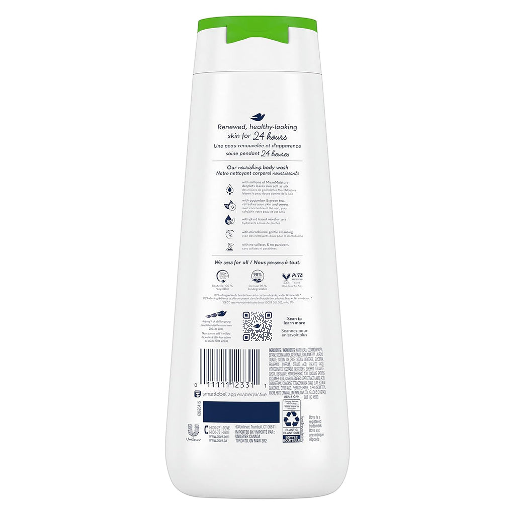 Dove Body Wash Refreshing Cucumber and Green Tea 4 Count Refreshes Skin Cleanser That Effectively Washes Away Bacteria While Nourishing Your Skin 20 oz