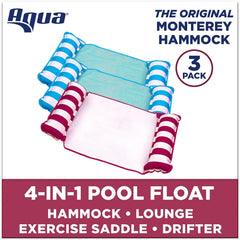 Aqua 4-in-1 Monterey Hammock Pool Float & Water Hammock, Multi-Purpose, Inflatable Pool Floats for Adults, Patented Thick, Non-Stick PVC Material, One Light Blue & One Navy/White Stripe, 2-Pack