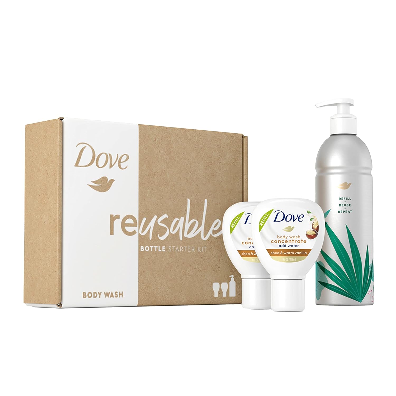 Dove Body Wash Aluminum Reusable Bottle and Concentrate Refill (2x) Starter Kit for Instantly Soft Skin Shea and Warm Vanilla for Skin Care and Lasting Nourishment 4oz (makes 16oz)