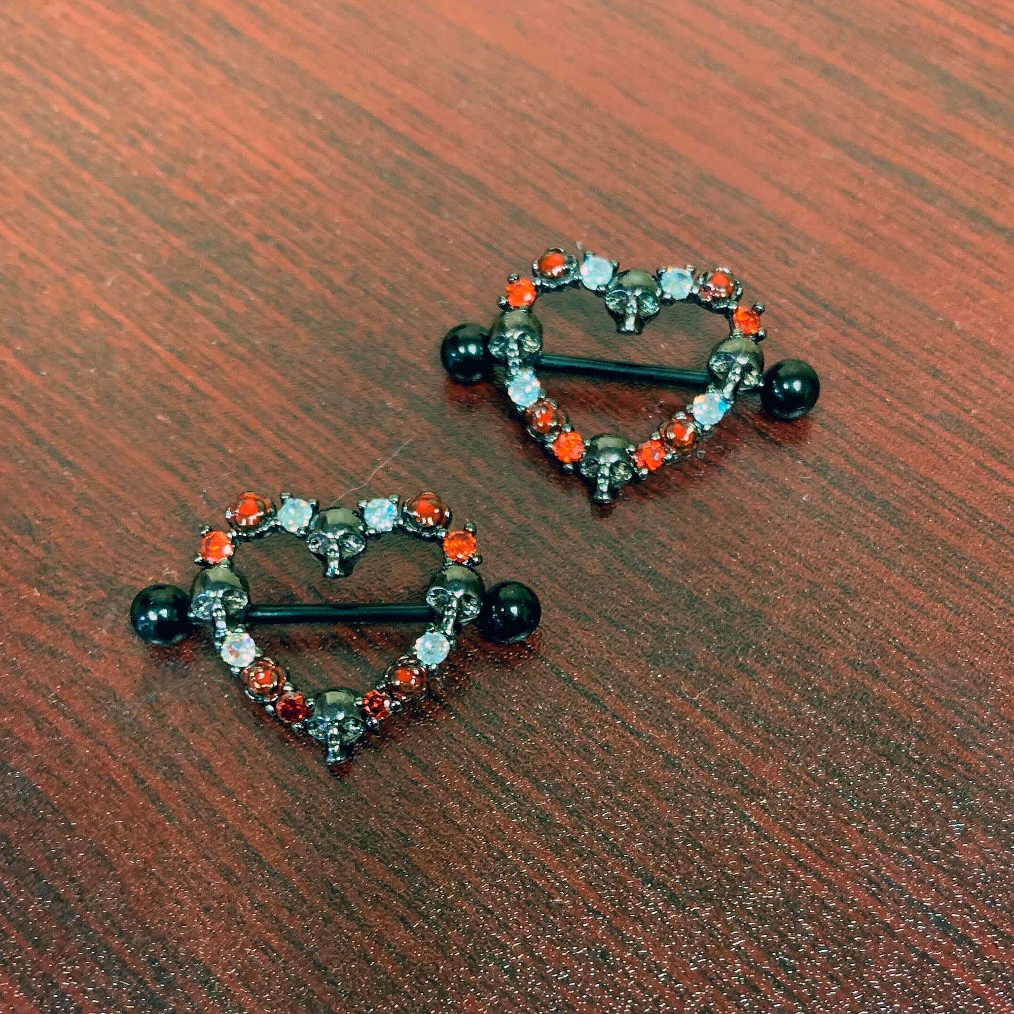 14G 7/8 Red CZ Gem Black Skull Heart Halloween Nipple Shield Set