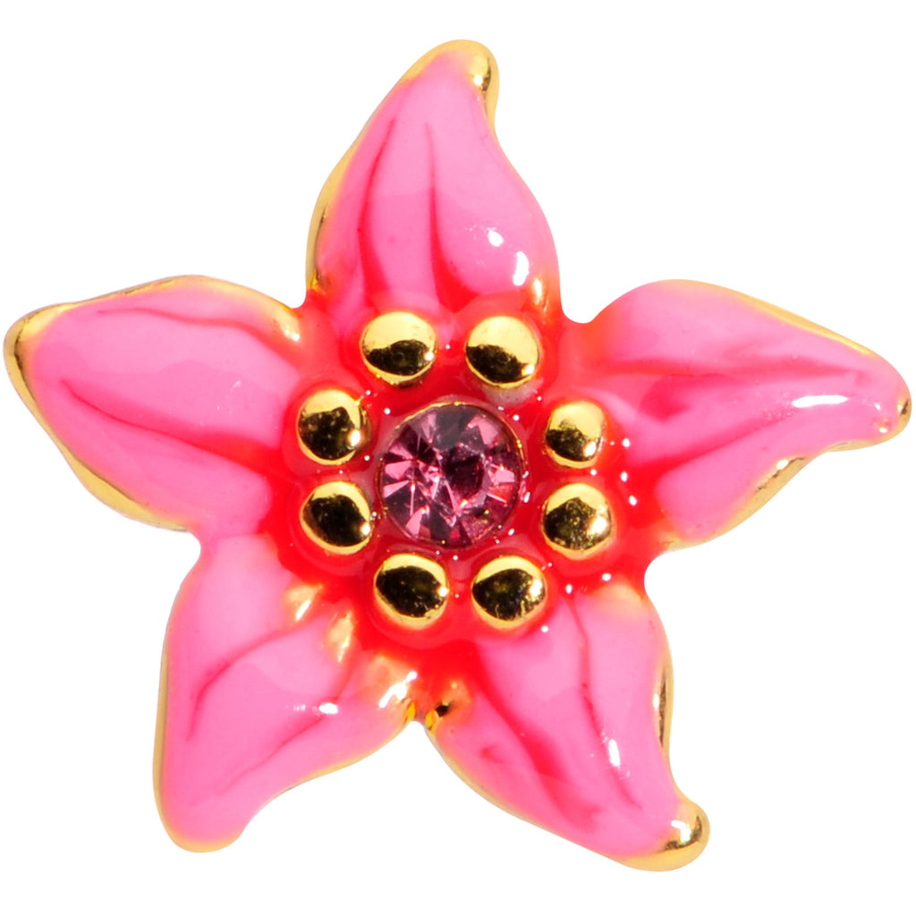 16G 5/16 Pink Gem Gold Tone Exotic Flower Labret Monroe Tragus
