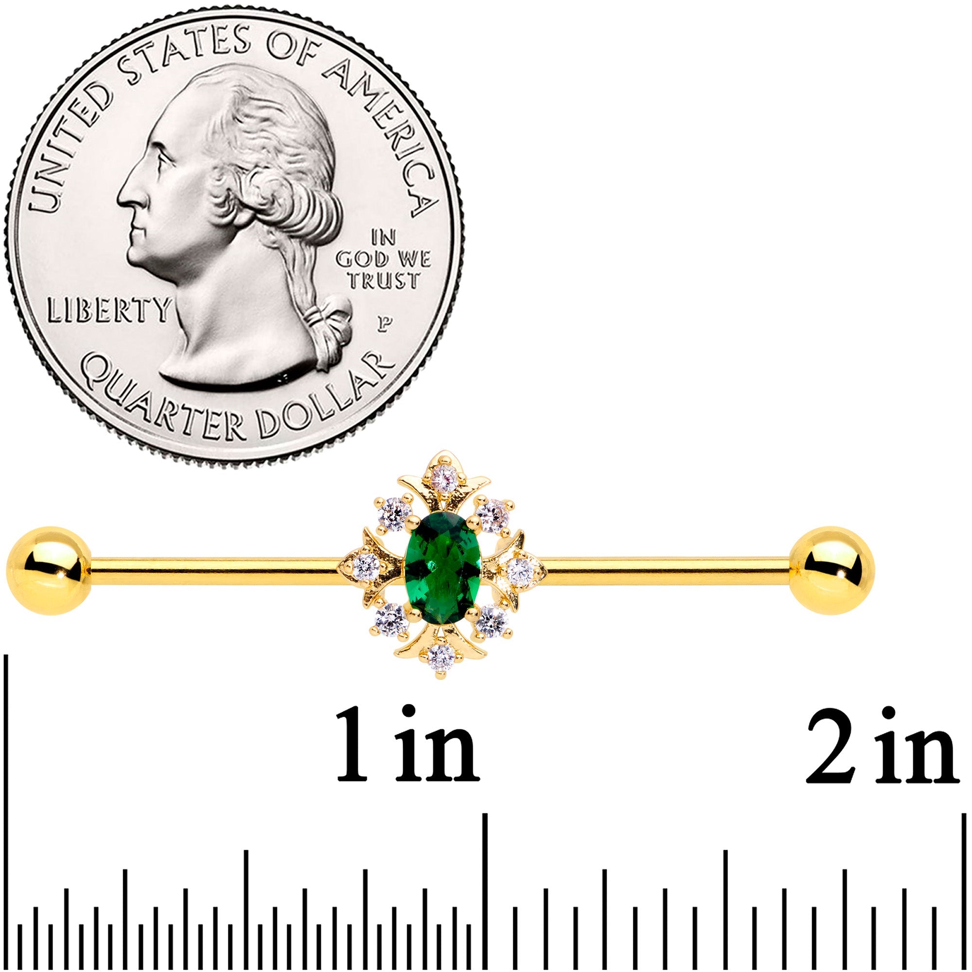 14G Green Gem Gold Tone Oval Sunburst Industrial Barbell 38mm