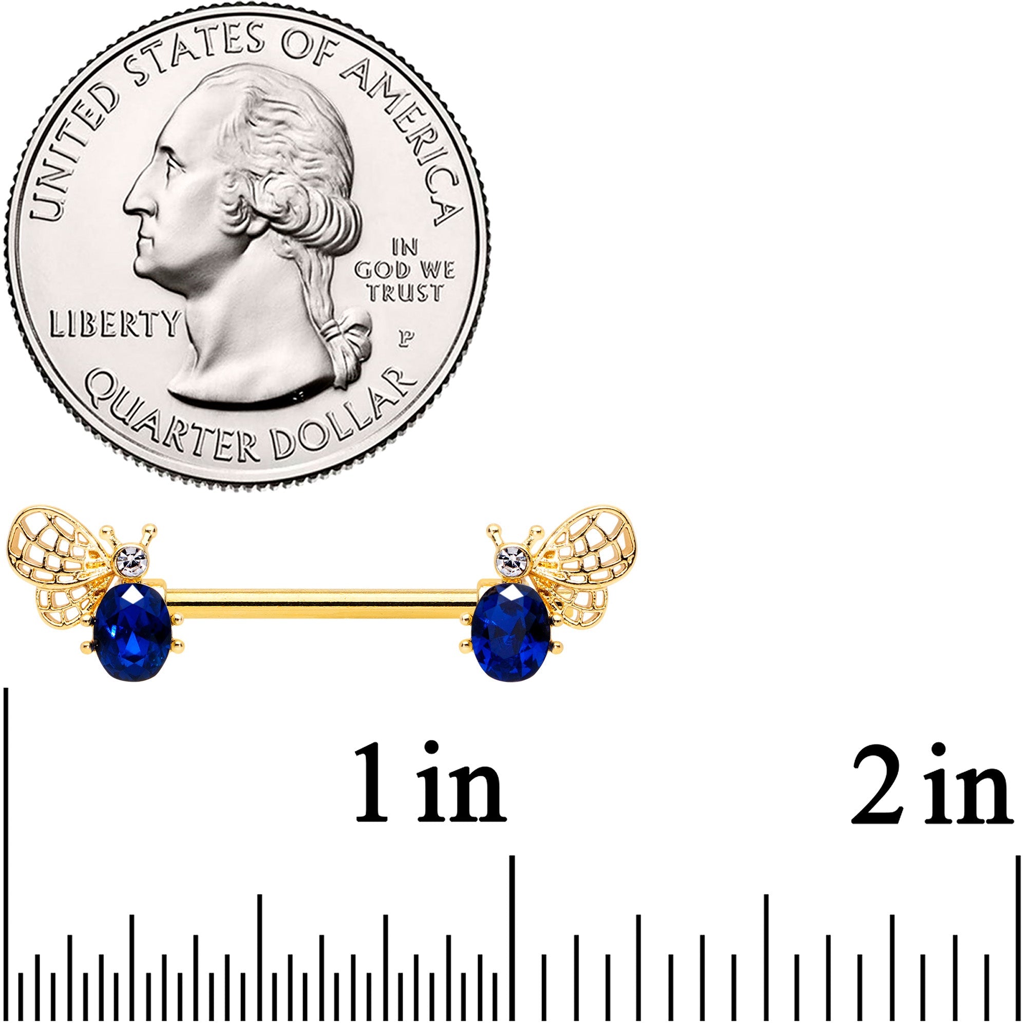14G 9/16 Blue Gem Gold Tone Beautiful Bee Barbell Nipple Ring Set