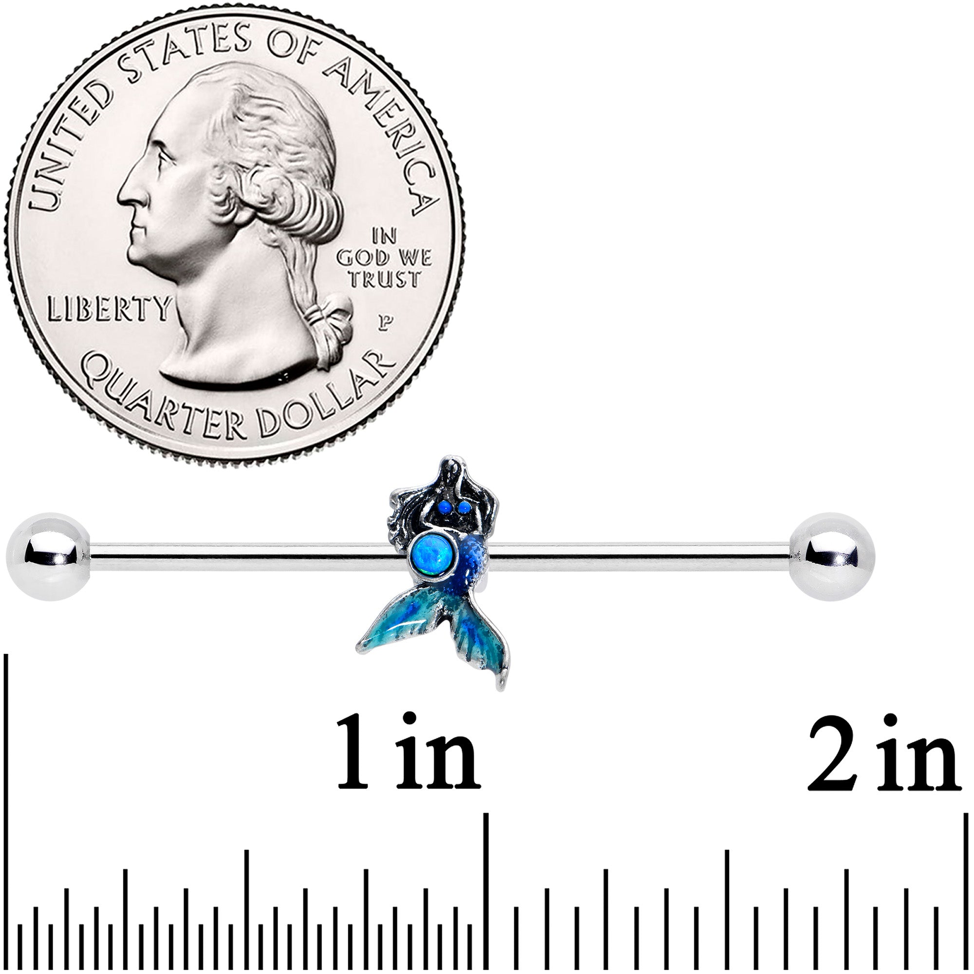14G Blue Faux Opal Blue Tail Mermaid Industrial Barbell 38mm