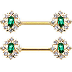 14G 1/2 Clear Green Gem Gold Hue Art Deco Barbell Nipple Ring Set