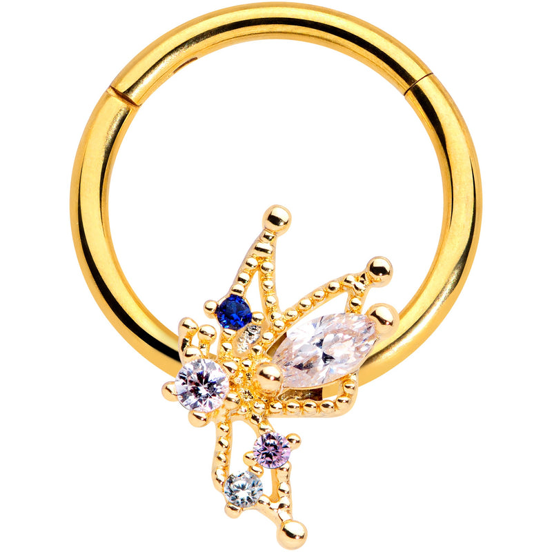 16G 3/8 Clear CZ Gem Gold Hue Angel Christmas Hinged Segment Ring