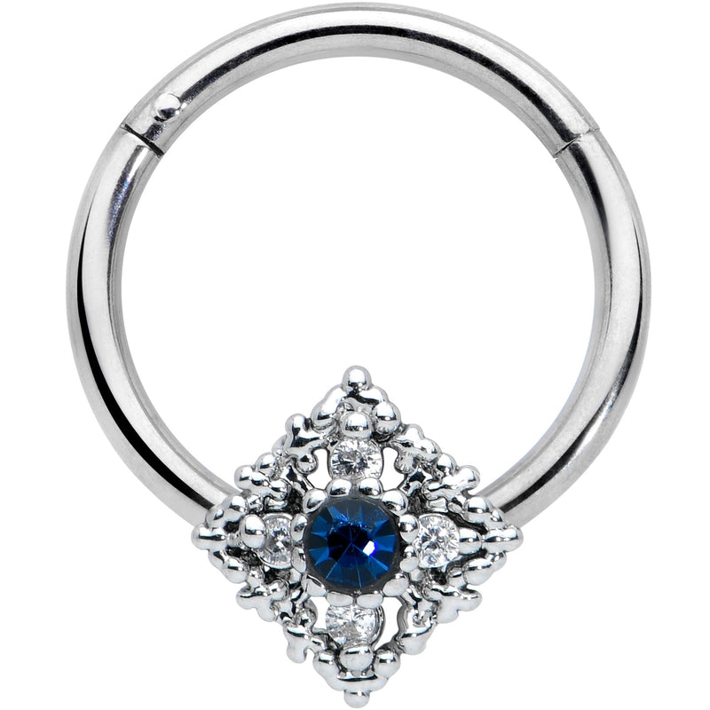 16G 3/8 Clear Blue Gem Textured Rhombus Cross Hinged Segment Ring